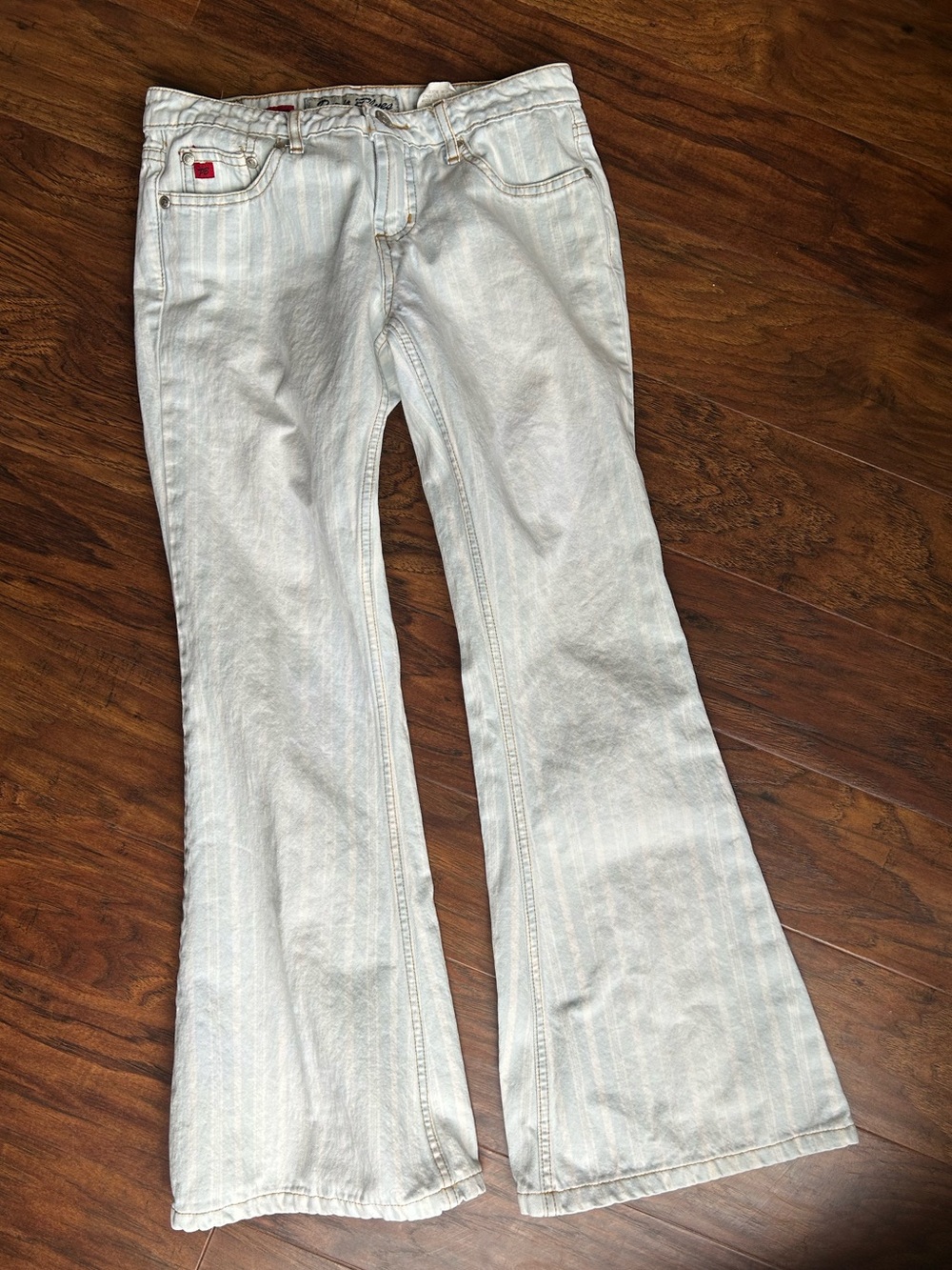 Paris Blues Light Blue Striped Denim Low Rise Flare Jeans • Size 1 • Vintage - Picture 2 of 12